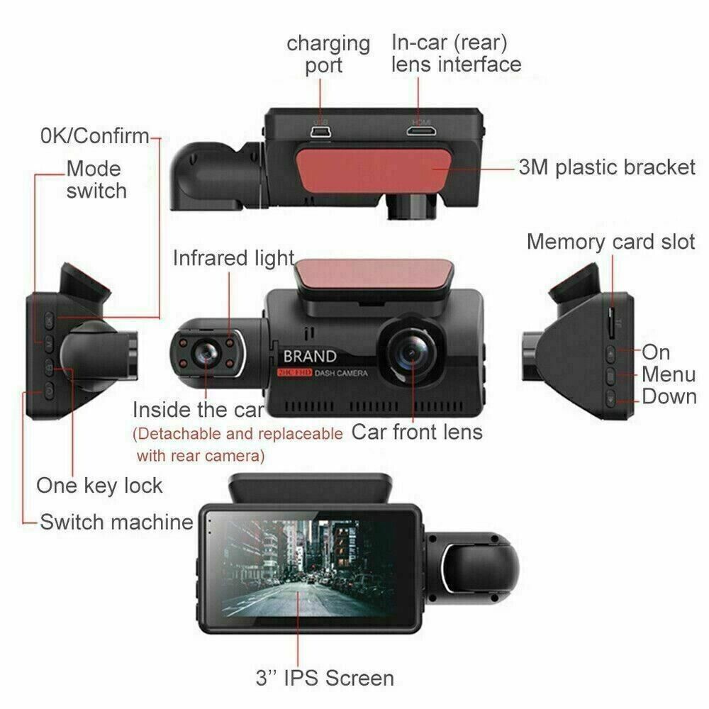 1080P Dual Lens Car DVR Dash Cam Video Recorder G-Sensor Front and Interior Camera